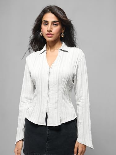 Image of The Souled Store Zipper Shirt: Women and Girls Full Sleeves Round Neck Textured Viscose Blend Slim Fit Lightweight Breathable Smart Casual Shirt for Everyday Summer Wear