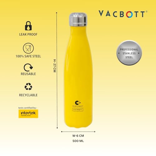 Image of Clay Craft VACBOTT Stark Double Walled 18 Hours Hot and 24 Hours Cold Water Flask Bottle-500ML, 2-Piece(Yellow) Leak Proof|Easy to Carry|Gym Bottle|Home|Kitchen|Hiking|Travel Bottle|BIS Certified