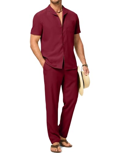 JMIERR Men 2 Piece Outfit Short Sleeve Beach Shirt Casual Loose Vacation Pant Sets with Pocket XL Red