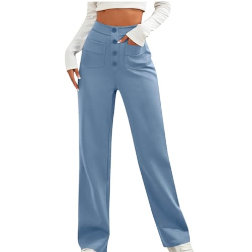 Lastesso Work Pants for Women Soft Long Straight Trousers Casual Wid Leg Pants High Waist Button Up Baggy Pants with Pockets