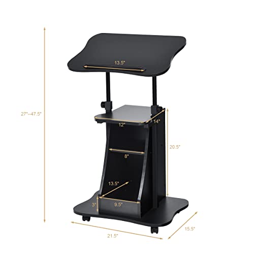 powerstone sit to stand mobile lectern teacher podium portable height adjustable podium stand rolling laptop desk cart with storage shelf swivel top for classroom concert church
