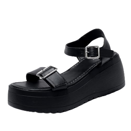 Image of LUNATECH Women's Summer Sandals Platform Womens Sandals Wedge Ladies Vegan Leathe Sandals Outdoor Buckle Sandals For Women Casual (BLACK, Adult, Women, 6, Numeric, UK Footwear Size System, Medium)