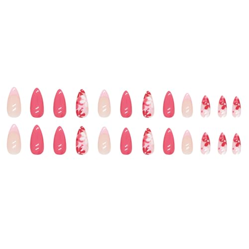 Flower Press on Nails Almond, Spring Medium Press on Nails Pink Fake Nails, Cute Floral Glue on Nails, Reusable Stick on Nails - 24Pcs Medium Almond Flowers False Nails Set - Image 6