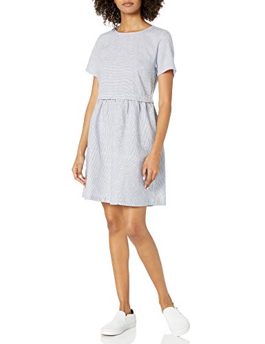 Amazon Brand - Goodthreads Women's Relaxed Fit Washed Linen Blend Short-Sleeve Fit and Flare Dress with Pockets, Blue Mini-Stripe, XX-Large