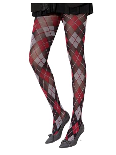 Verdusa Womens Argyle Plaid Mesh Sheer Tights Design High Waisted Preppy Stockings Pantyhose Red and White One Size