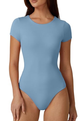 Image of QINSEN Women's Crew Neck Short Sleeve Bodysuit Double Lined Body Suits Basic T-shirt Tops