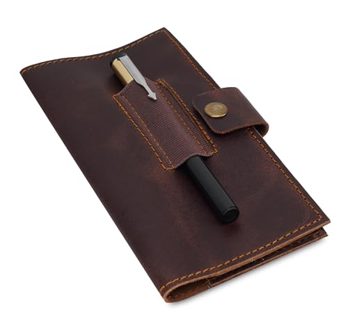 TheAntiq Brown Leather Checkbook Cover with Pen Holder for Women & Men - Full Grain Leather Check Book Cover for Personal Checkbook Duplicate Checks, Money Organizer Checkbook Wallet 7 x 3.75 Inches