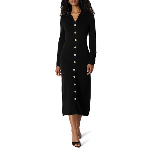 Robe midi en maille à boutons dorés style sweater chic femme