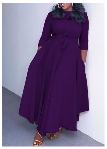 Image of Hostoyo Women Plus Size Formal A Line Maxi Dress Self Tie Waist with Pockets Elegant Round Neck Swing Long Dresses