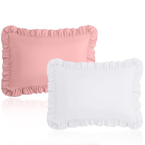 Cobedzy 13'x18' Toddler Pillow Cases Set of 2, White & Pink Ruffled Pillow Shams Brushed Microfiber Nursery Pillow Cover for Boys Girls, Soft...