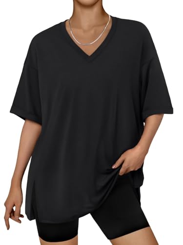 LILLUSORY Oversized T Shirts for Women UK Plus Size Gym Tops V Neck Short Sleeve Tshirts Capsule Wardrobe Clothing Black L