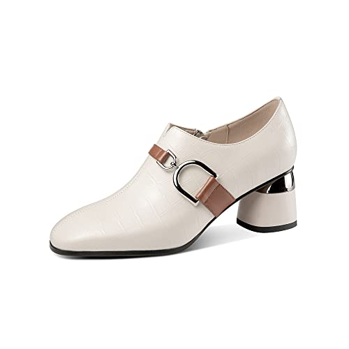 TinaCus Women's Round Toe Genuine Leather Handmade Buckle Belt Side Zip Up Chunky Heels Stylish Pumps Shoes