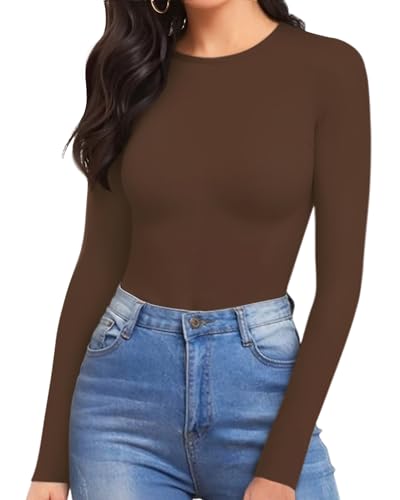 Image of MANGOPOP Womens Bodysuit Long Sleeve Crew Neck Body suit for Women Ribbed Bodysuits Shirts