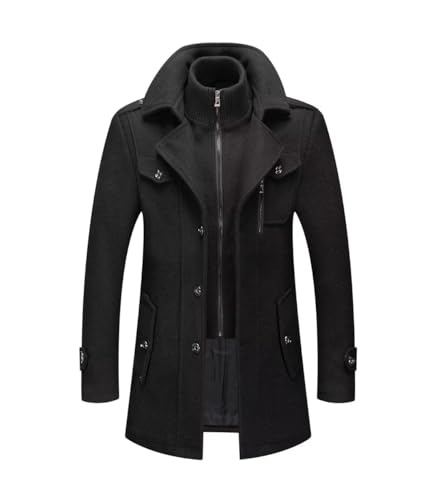 Image of FTIMILD Mens Wool Blend Coat with Detachable Collar Two Collar Single Breasted Pea Coat Business Trench Coat
