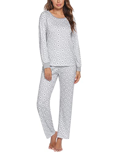 UNibelle Damen Schlafanzug Baumwolle Pyjama Lang Zweiteilige Nachtwäsche Hausanzug Sleepwear Langarm Rundhals Cover