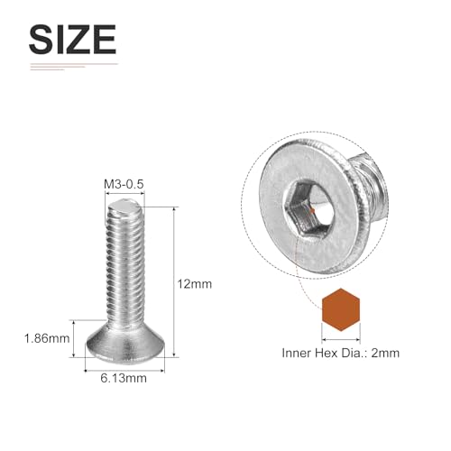 Image of DTGN M3-0.5 x 12mm Flat Head Socket Cap Screws, 100 Pack 304 Stainless Steel Hex Socket Flat Head Screws, Full Thread, Countersunk Bolts