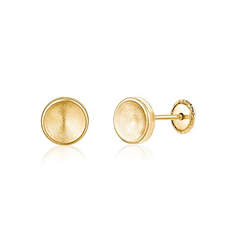 14k Yellow Gold Concave Button Disc Small Earrings Stud Post Satin Finish Safety Screwback Covered Back Closure