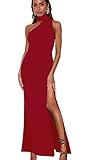 ★Material: polyster/spandex, stretchy but thick, lightweight and very curvy, top lined, not see through, comfortable and flattering. ★Asymmetrical cutout halter prom formal dress good for work evening event or wedding as a guest,the slit will not too...