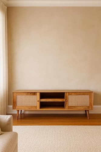 Image of TV Stand for 65 inch TV, Dark Chocolate (Natural Colour) | Premium Solid Wood, 10 Minutes Assembly (Legs Only), Aesthetic Rattan Doors, Mid Century Entertainment Center