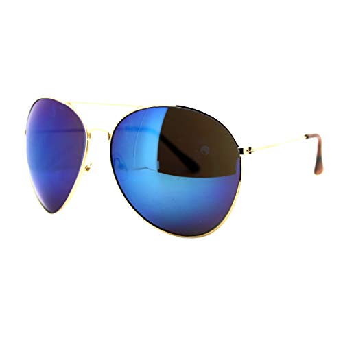 SUPER Oversized Aviator Sunglasses Big Metal Frame Gold, Blue Mirror Lens
