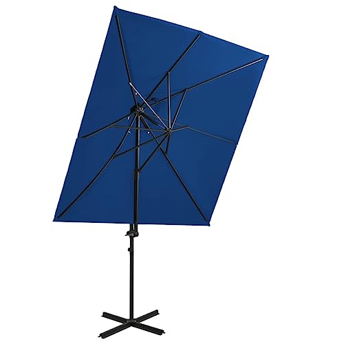 Grand parasol cantilever 250x250 structure aluminium mât rotatif 360° bleu azuré