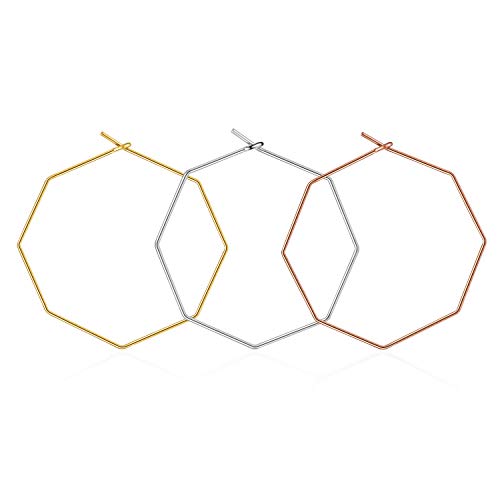 wowshow 3 Pairs Geometric Octagon Hoop Earrings Set Lightweight Big Thin Gold Hoop for Women Girls 50mm