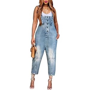 CHARTOU Women's Casual Loose Fit Jean Jumpsuit Overalls Crop Harem Denim Pants (Large, Light Blue)