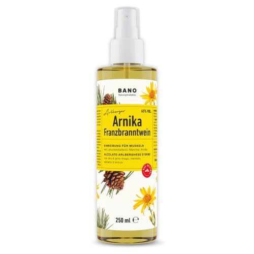 BANO Tiroler Arnika Franzbranntwein 250ml Ideal vor und nach Sport sowie bei Muskelkater zum Kühlen schwerer Beine enthält 65% vol. Alkohol Latschenkieferöl Menthol und Arnikaextrakt