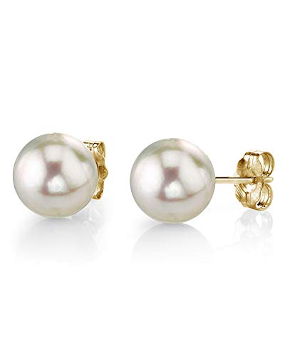 THE PEARL SOURCE 14K Gold 7-7.5mm Hanadama Quality Round White Akoya Cultured Pearl Stud Earrings for Women Pearl Gifts for Christmas, Holidays and Anniversary