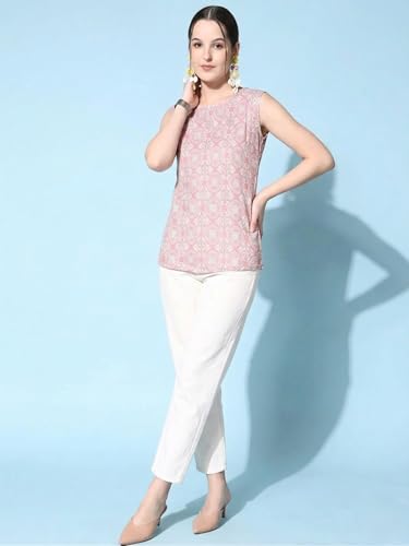 Image of Sleeveless Kurti for Women Pure Cotton Stylish Round Neck Printed Ethnic Short Kurti Jeans Top Casual Office