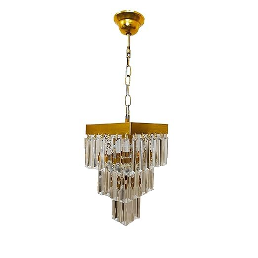 Image of Square Shaped 9 Inches Modern Crystal Chandelier, Jhumar for Home Decoration, Chandelier for Hall /Balcony /Living Room /Bedroom, Ceiling Hanging Lights, Golden (Bulb Included)