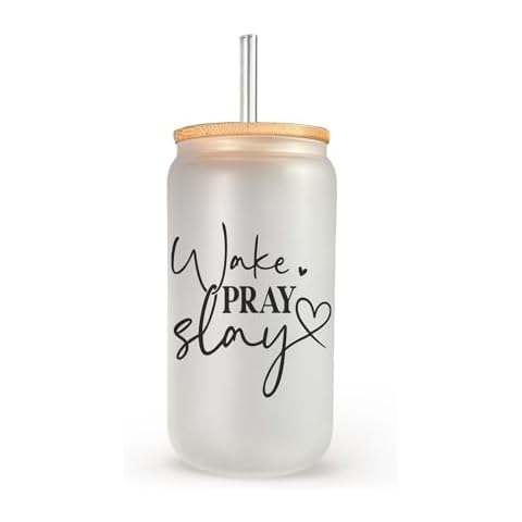 Boss Babe 16oz Wake, Pray, Slay Glass Tumbler - Glass Tumbler - Inspirational Glassware (Frosted) Cover