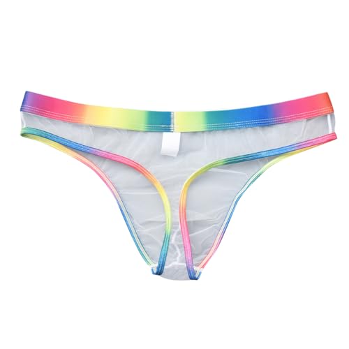 Ropa interior transparente sexy para hombre con ribete de arco iris, transpirable, antichafing, sin costuras, secos, tanga, color piel, cintura alta, ropa interior de malla transparente, Blanco, M