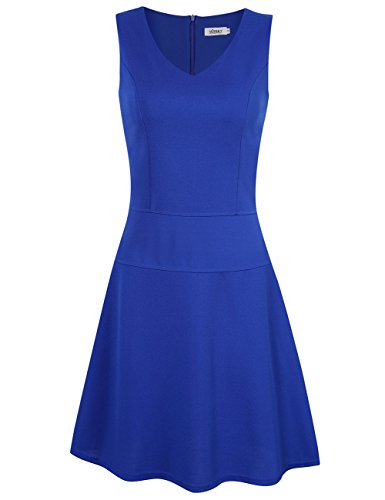 MISSKY Women's Sleeveless V-Neck A-line Knee-Length Fit and Flare Swing Casual Dress for Church Blue M