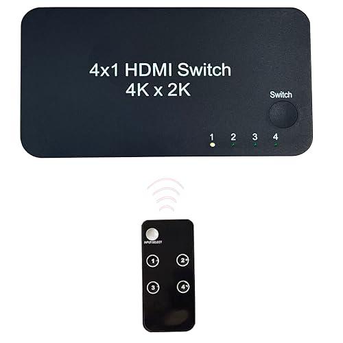 HDMI Switch 4 in 1 Out, 4 Port HDMI Switcher Selector Box with IR Remote Control & Auto Switch, Support 4K@60Hz, 1080p 3D,