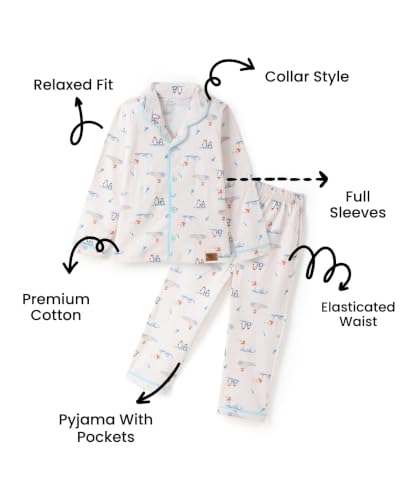 Image of Girls Premium Cotton Full Sleeves Printed Nightsuit Set | Collar Style Night Dress for Girls | Soft & Breathable Pajama Set | Trendy Kids Sleepwear & Nightwear