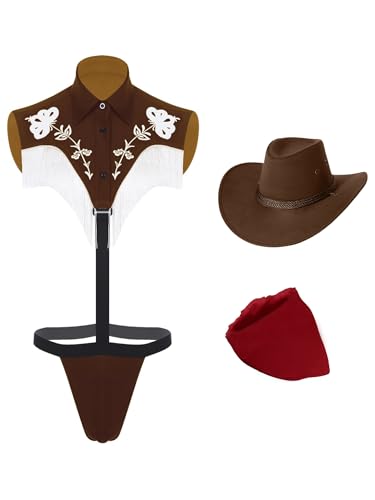 SiiRoh Herren Sexy Western Cowboy Kostüm Ausgehöhlt Tback Leotard Mit Hüten Bandana Nachtwäsche Kaffee XXL