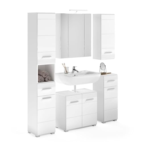 xonox.home Badezimmer Linus 5tlg. Kombination Badmöbel Set kleine Bäder Komplettprogramm Bademöbel-Set in Front weiß Hochglanz Tiefzieh,Korpus weiß inklusive Beleuchtung