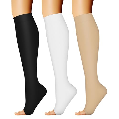 CHARMKING 3 Pairs Open Toe Compression Socks for Women & Men Circulation 15-20 mmHg is Best for All Day Wear Running Nurse (02 Black/White/Beige, S/M)