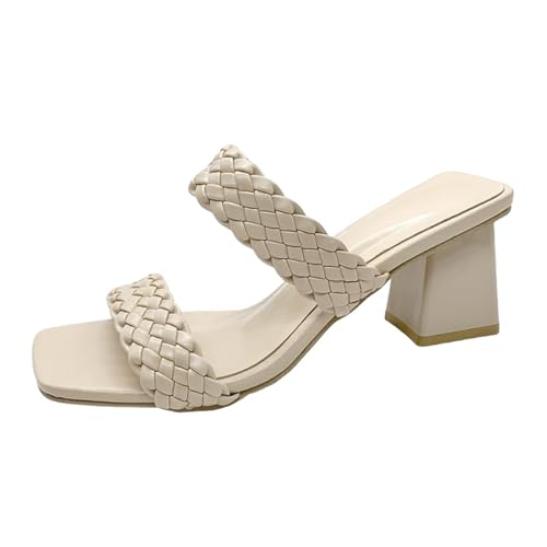 Women's Mule Sandals Braided Heeled Sandals Open Square Toe Chunky Block Heels Slip On Shoes For Party Summer Dress