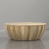 SIMPLIHOME Elmbrook Coffee Table - 34 inch Wide Solid Mango Wood Modern Industrial Round Drum Cocktail Table in Natural Blonde, Sculptural Living Room Table with Low Profile Design, Assembled