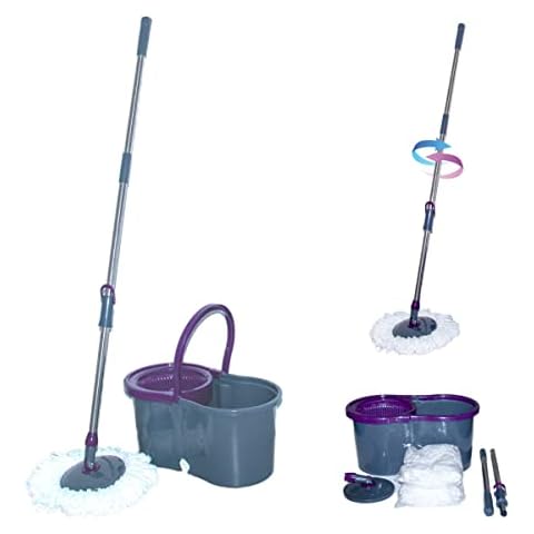 Calitek 360° Rotating Spin Mop and Bucket Set with 2 Super Absorbent Mircofibre Mop Heads and Easy Press Adjustable Height Handle for Home Cleaning All Hard Floors (Purple) Cover
