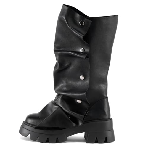 Yishaweiqi Slouched Ruched Fold Over Boots for Women Platform Chunky Heel Studs Mid Wide Calf Shark Boots