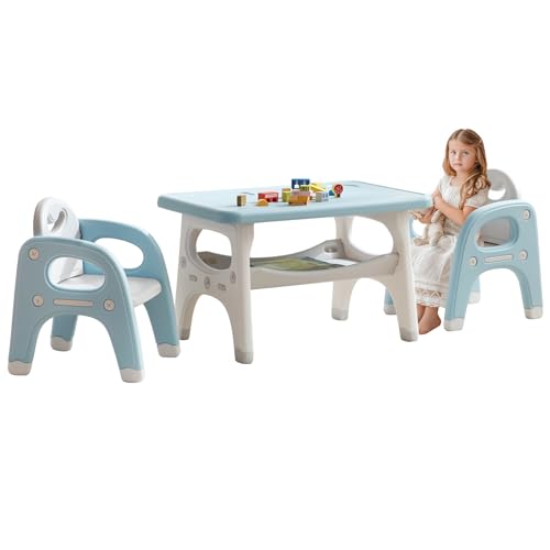 Kids Table and Chairs Set, Activity Table with 2 Chairs for Ages 3-6, Toddler Table and Chair Set Ideal for Reading, Drawing, Dining, Arts Crafts,Gifts for Kids (Blue)