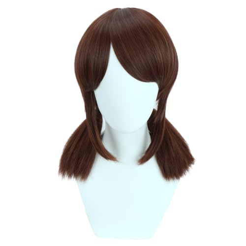 Image of Brown Wig with Bangs Brown Short Wig with Two Pigtails Brown Straight Wigs for Women Cosplay Synthetic Wigs with Wig Cap