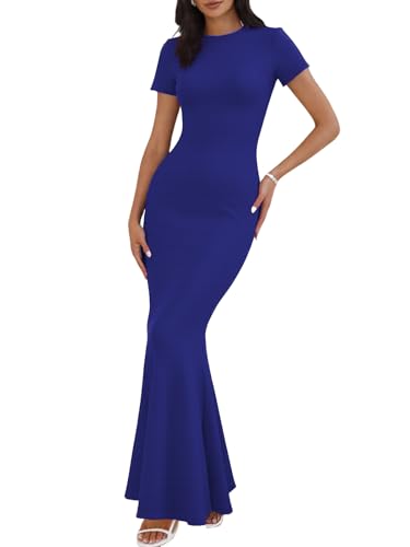Image of Womens Summer Short Sleeve Square Neck Elegant Casual Lounge Bodycon Slim Maxi Evening Party Long Dress