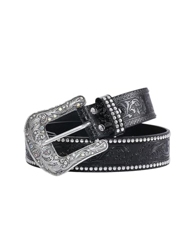 Women's Rhinestone Studded Glitter Belts Y2K PU Leather Belt for Jeans Pants