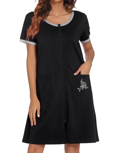 Image of Ekouaer Women Zipper Front House Coat Short Sleeves Robe Zip Up Bathrobes Short Nightgown with Pockets S-3XL