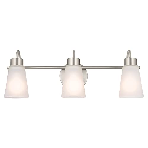 Image of Kichler Erma 3-Light Bathroom Vanity Light Fixture with Satin Etched Glass Shades, Updated Traditional Wall Lighting in Brushed Nickel for Mirror, (23 inch x 8.5 inch x 6 inch), 55126NI