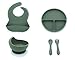 Set de vajilla de silicona para bebes. Conjunto de Babero, Cuenco, Cubiertos y Plato antideslizantes perfectos para alimentacion de bebes (Verde)